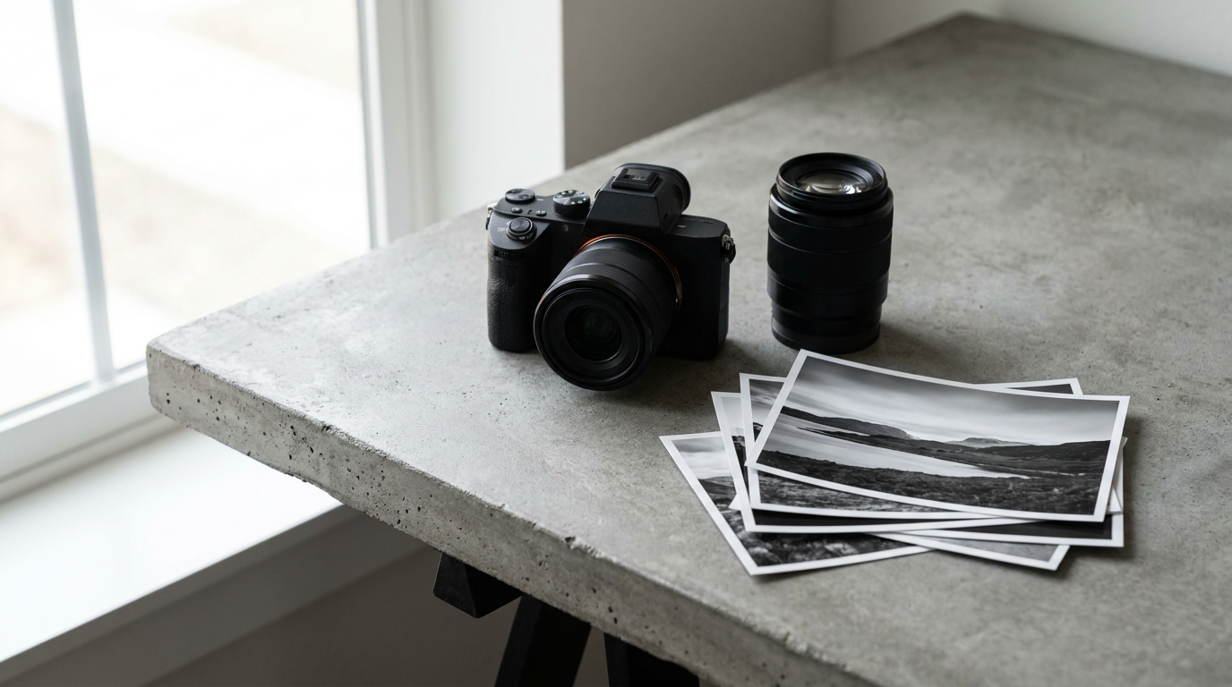 The camera on a desk with prints
